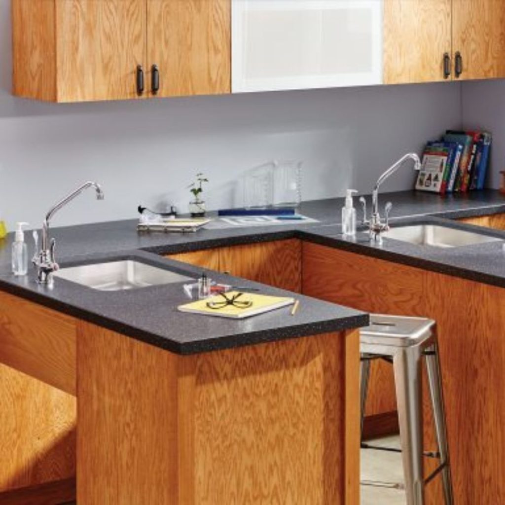 A modern kitchen features wooden cabinets and black countertops, embodying the sophistication often seen in a Department of Education setting. Two stainless steel sinks with faucets shine, accompanied by a metal stool. Books and a potted plant adorn the counters, while a small paper and pencil rest nearby.
