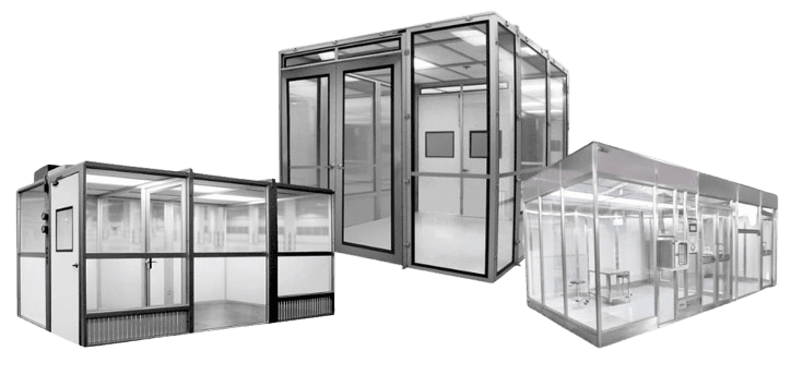 A collage of three modular cleanroom structures, built to ISO standards, features clear walls and doors within a sleek metallic frame, showcasing various angles and configurations against a plain background.