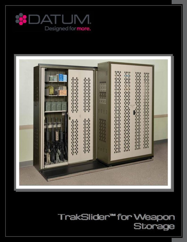 Optimize your space with Datum storage solutions; this metal cabinet features sliding doors and perforated panels that reveal shelves full of rifle storage components. The unit, labeled TrakSlider™ for Weapon Storage, exemplifies customizable high-quality storage systems.
