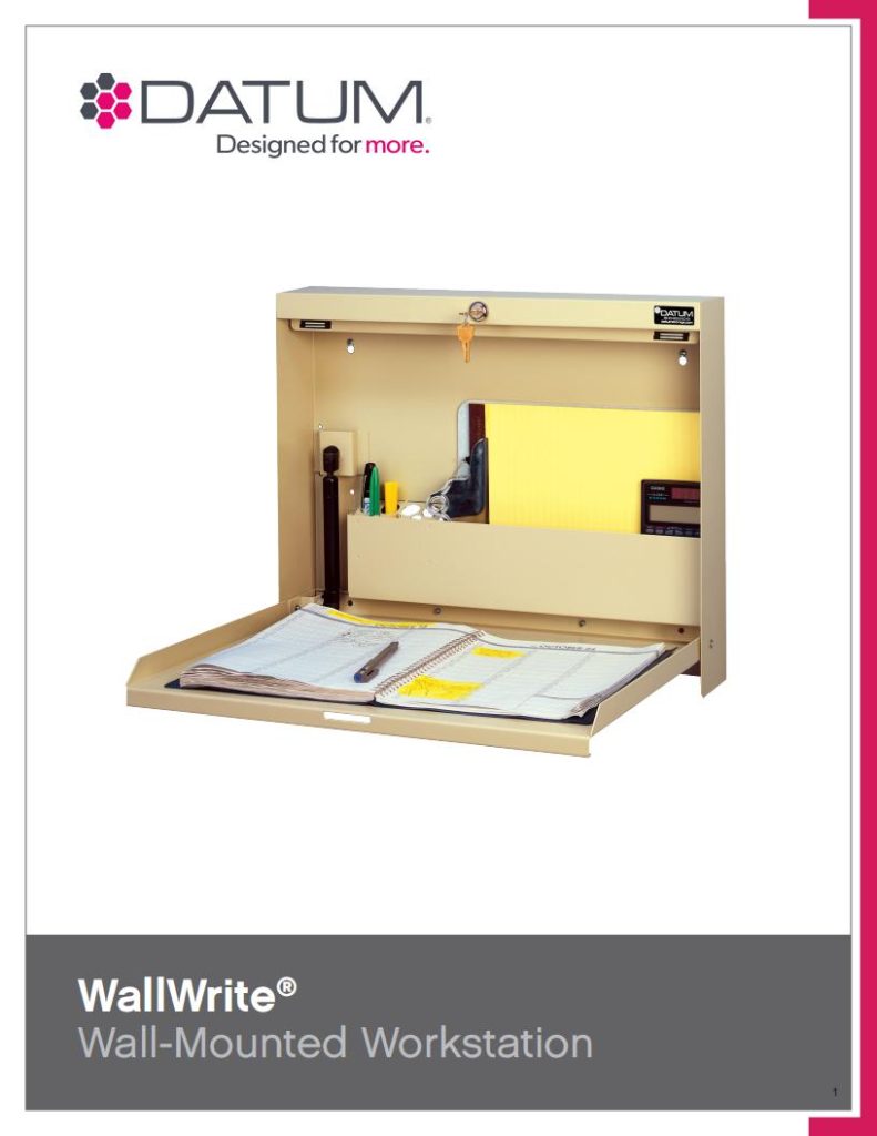 A tan wall-mounted workstation is open, showcasing a clipboard, papers, pens, and office supplies. The upper left displays the Datum logo alongside customizable storage systems. The bottom text reads WallWrite® Wall-Mounted Workstation.