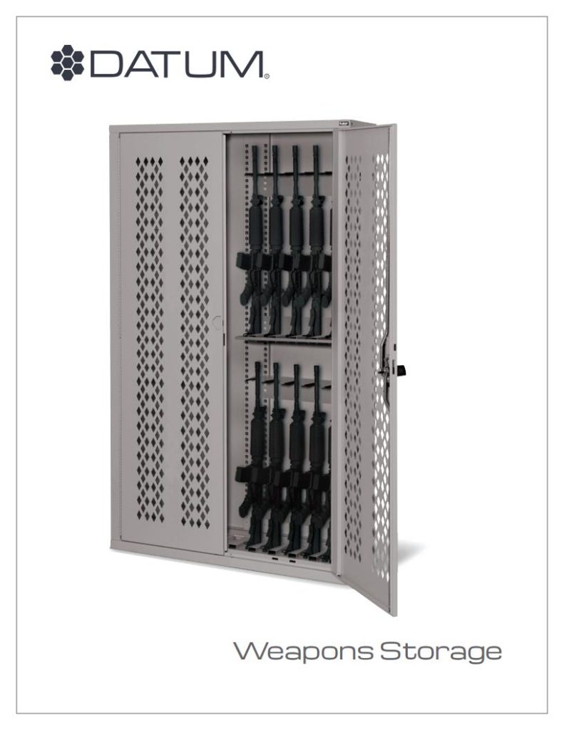 Optimize your space with Datums high-quality storage systems. This metal cabinet features perforated doors and neatly arranges rifles in two vertical rows. The words DATUM and Weapons Storage are prominently displayed, exemplifying customizability and precision.
