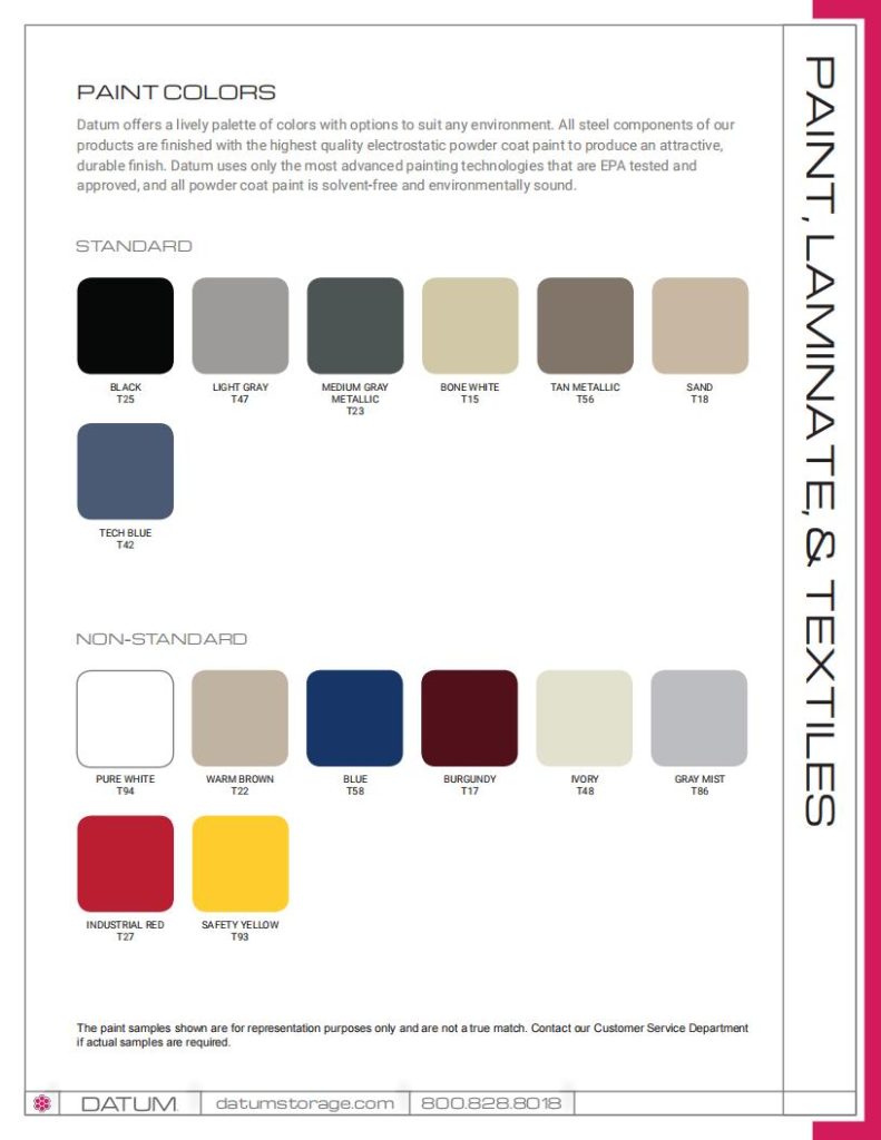 A chart showcasing Datum storage solutions offers paint, laminate, and textile color options with sample swatches. Paint colors include Black, Light Gray, Medium Gray, Beige, Tan Metallic, Tech Blue. Non-standard hues like Red and Burgundy ensure your customizable high-quality storage systems stand out.