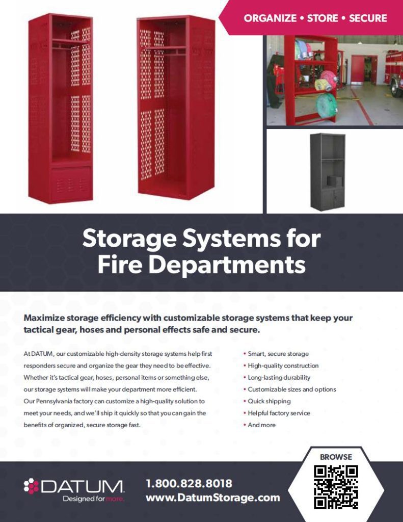 Discover Datums customizable, high-quality storage systems designed for fire departments. Our eye-catching red units offer exceptional durability and security. Explore features and contact us via QR code today. Check out our Datum brochures to find the perfect storage solution for you!.