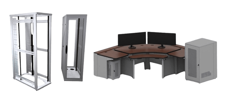 The office furniture set by e-systems group boasts a gray metal frame, a tall cabinet with a transparent door, a corner desk supporting multiple monitors, and a small gray cabinet with a solid door. The desk showcases a sleek dark brown surface.