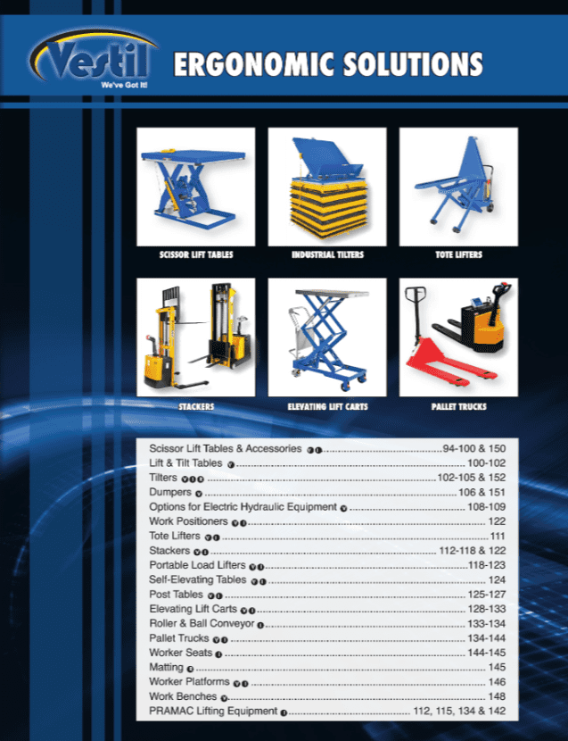 A catalog page displaying ergonomic equipment images and specifications table.