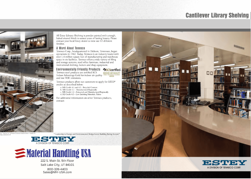 The library interior boasts an ultimate shelving makeover, featuring cantilever library shelving and myriad books. A round table stands prominently in the foreground. Explore environmentally friendly products and contact Estey or Material Handling USA for details.