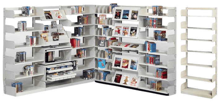 An ultimate shelving makeover features a white modular unit brimming with books, DVDs, and magazines. This L-shaped design, with its adjustable shelves, is complemented by a tall matching shelf standing empty to the right.