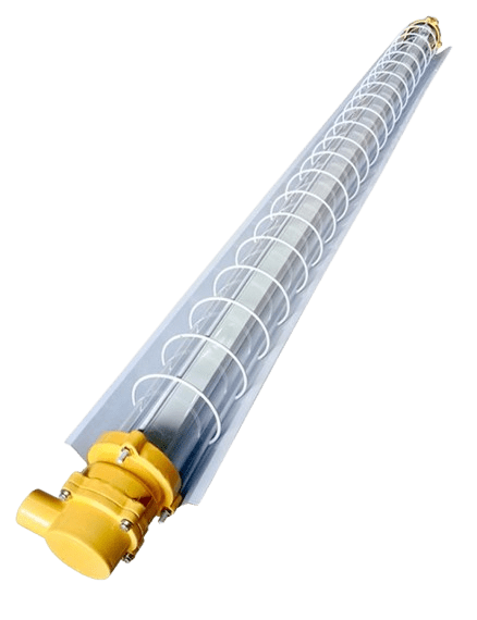 Close-up of a long, cylindrical LED light tube designed for hazardous location lighting in labs. The clear protective casing and yellow end cap enhance its safety features. Inside, a spiral design is visible, embodying UL-certified explosion-proof fixtures against a transparent background.