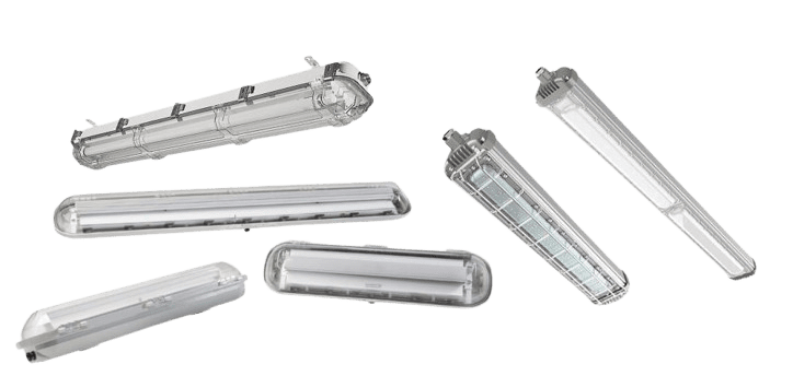 A collection of six industrial LED light fixtures, UL-certified explosion-proof fixtures with transparent casings and metal frames, arranged in a scattered layout on a white background.
