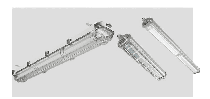 Three fluorescent light fixtures are displayed on a plain background. The UL-certified explosion-proof fixtures, shown from different angles, have a metallic finish with clear protective covers, and one features a metal grille. Ideal for hazardous location lighting in labs.
