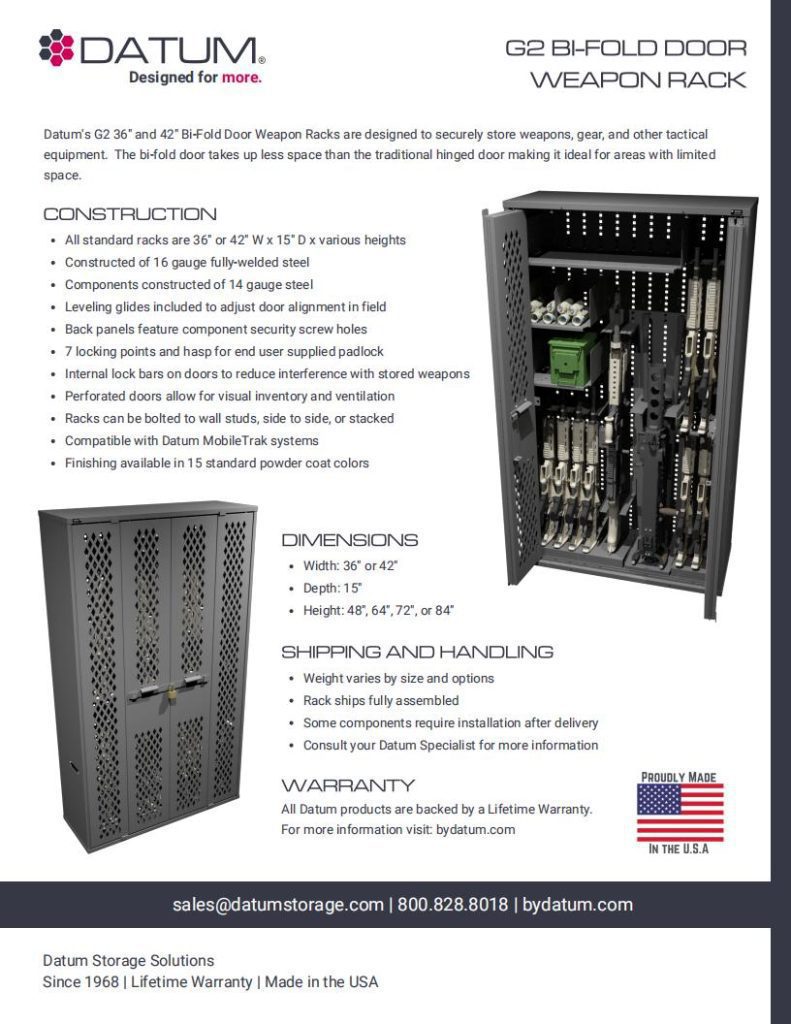 Promotional image for Datum G2 Bi-Fold Door Weapon Rack. Optimize your space with Datum storage solutions. Includes product description, features, dimensions, shipping details, and warranty information. Highlighted features are welded steel body, universal back panel, and secure storage solutions.