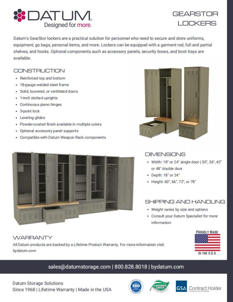 Flyer for Datum GearStor Lockers showcasing images of customizable high-quality storage systems in various configurations. Describes features, dimensions, construction, shipping, handling, and warranty. Includes contact details and a Made in the USA label.