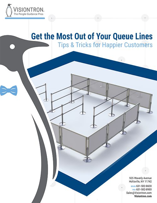 A Visiontron brochure page showcases a layout of queue barriers in a zigzag pattern, emphasizing Get the Most Out of Your Queue Lines: Tips & Tricks for Happier Customers. Discover crowd control solutions with retractable belt stanchions. Contact info is at the bottom.