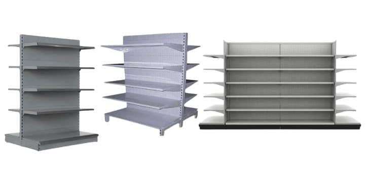 Three gray retail shelves stand against a white background, showcasing customizable gondola shelving in various sizes and styles. These empty structures, featuring both single-sided and double-sided configurations, offer versatile options for any retail space.