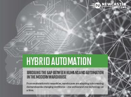 Silhouette of a human head overlaid with circuit patterns, symbolizing technology integration. Text reads: Hybrid Automation: Bridging the Gap Between Humans and Automation in the Modern Warehouse. Newcastle Systems logo, known for innovative Industrial Mobile Workstations, appears in the top right corner.
