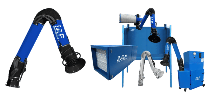 Illustration of industrial equipment featuring blue extraction arms, filters, and air filtration units labeled IAP Air Products. These components are designed to manage air quality in industrial settings.