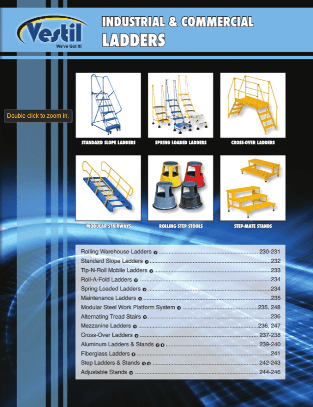 Catalog page showcasing industrial and general ladders with images and specifications
