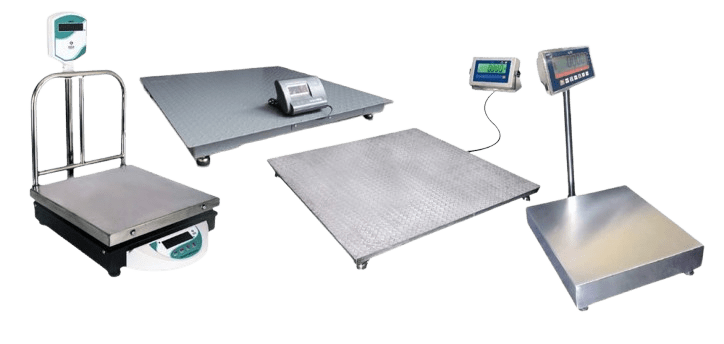 A variety of industrial weighing scales, including platform and bench types, are showcased against a white background. Each scale is equipped with a digital display unit for accurate weight readings.