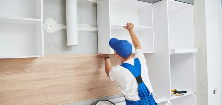 An installer in blue overalls and cap meticulously works on mounting sleek, white upper kitchen cabinets to a bare wall. Tools are scattered on the partially visible countertop, capturing the essence of a kitchen under renovation. The scene could be straight out of professional working images.