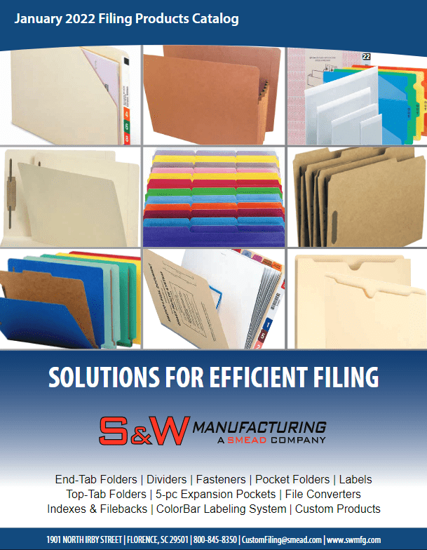 A catalog cover showcases various Smead file folders, dividers, and labels arranged in a grid. The text reads January 2022 Filing Products Catalog and Office Organization Solutions with the S&W Manufacturing logo below.