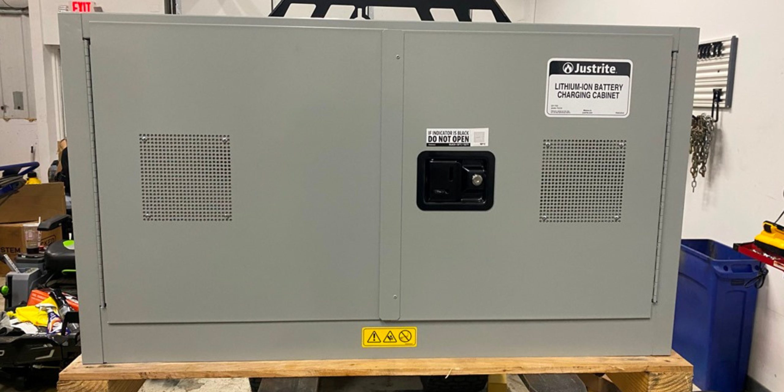 Vented steel cabinet suitable for controlled battery and charging storage
