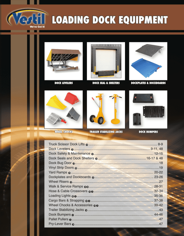 Loading dock equipment catalog with product images and specifications table.