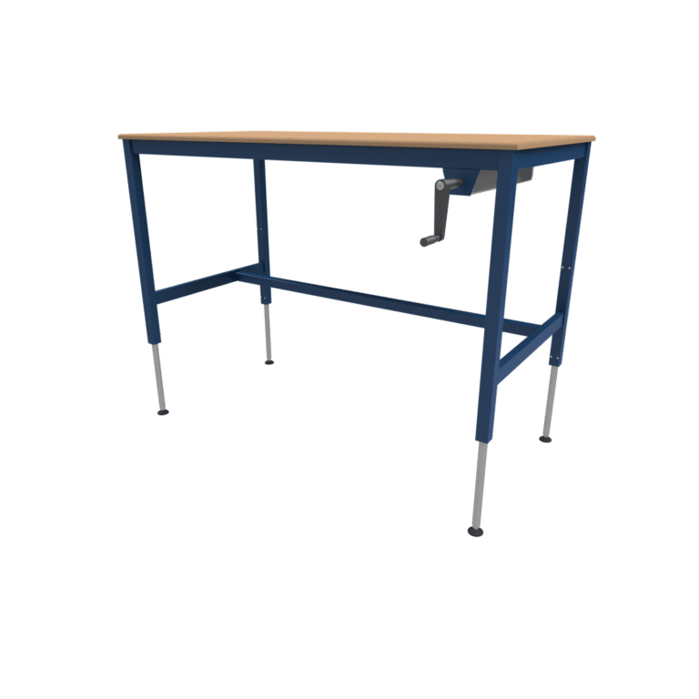 A blue metal table with a light wooden top and a crank handle on one side, this adjustable workstation boasts silver-based legs. Its simple yet functional design makes it suitable for various uses.