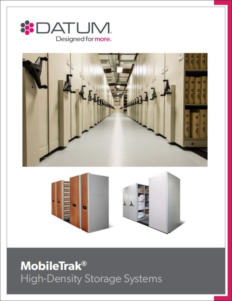 Promotional image for Datums MobileTrak High-Density Storage Systems. Features a photo of an aisle with compact shelving units and two illustrations of streamlined, customizable storage systems. Top-left corner displays the Datum logo and slogan: Optimize your space with Datum storage solutions.