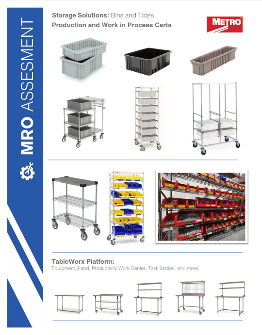 A flyer titled MRO Assessment highlights high-density storage systems. It features images of bins, totes, and various wheeled carts. The Metro logo is displayed at the top right. The bottom text mentions table and workstation solutions.