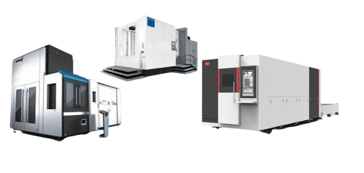 Three large industrial machines are shown, each housed within sleek machine enclosures. The distinct designs boast metallic surfaces and various control panels, hinting at their use in manufacturing or machining processes.