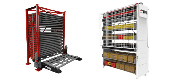 Two vertical storage systems: one with a red frame holding large black panels, and another white-framed unit containing various wire mesh bins filled with assorted items, showcasing efficient space organization solutions for maximizing floor space.