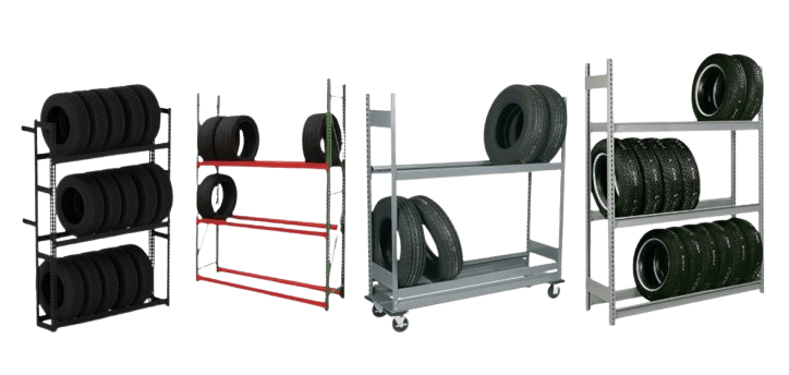 Four tire storage racks hold various black tires, each in unique designs and colors. Some come with wheels for easy mobility. The tires are neatly stacked horizontally in tidy rows, showcasing efficient organization.