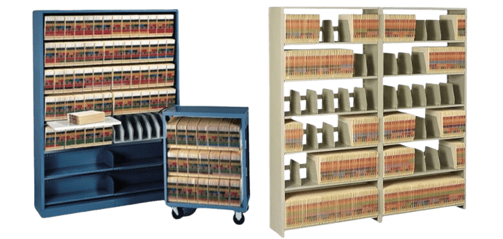 Two shelves filled with organized, color-coded file folders. The blue shelf features a wheeled cart with folders, while the beige shelf showcases multiple rows of neatly arranged folders, all supported by heavy-duty shelving units for optimal durability and storage efficiency.