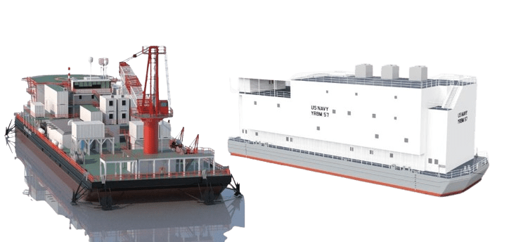 Two naval vessels stand side by side on a reflective surface. The left ship, equipped with a red crane and multiple structures, contrasts the right vessel labeled US NAVY 1608 57, featuring a boxy design akin to a modular building on a navy barge, complete with chimneys and minimal detailing.