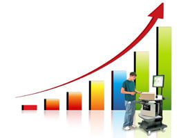 A person stands next to a mobile powered workstation, engaging with the device. In the background, a bar graph with colorful bars and a red upward arrow suggests increasing growth or progress, highlighting the benefits of productivity solutions.