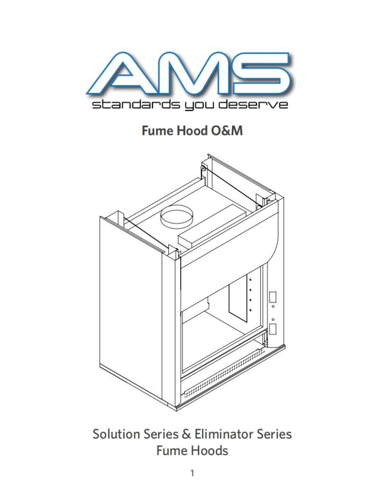 Line drawing of a fume hood from Air Master Systems, showcasing the text standards you deserve above. The design is labeled Fume Hood O&M and features the Solution Series & Eliminator Series Fume Hoods, highlighting the custom laboratory equipment offered in their brochures.