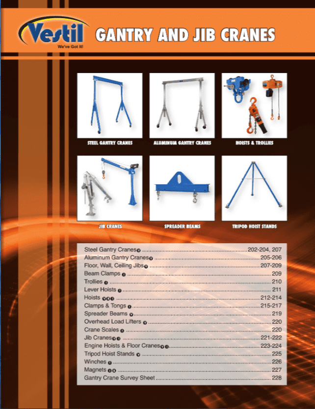 Catalog pages for safety cranes, hospital ladders, and packaging equipment.