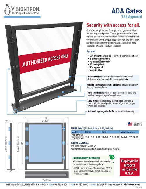 Diagram of a Visiontron ADA gate with AUTHORIZED ACCESS ONLY sign, showcasing detailed dimensions and features like self-closing, right or left-hand swing options, and configurations. Caption: Deployed in Airports Across the USA. Part of Visiontrons Crowd Control Solutions. Contact info at bottom.
