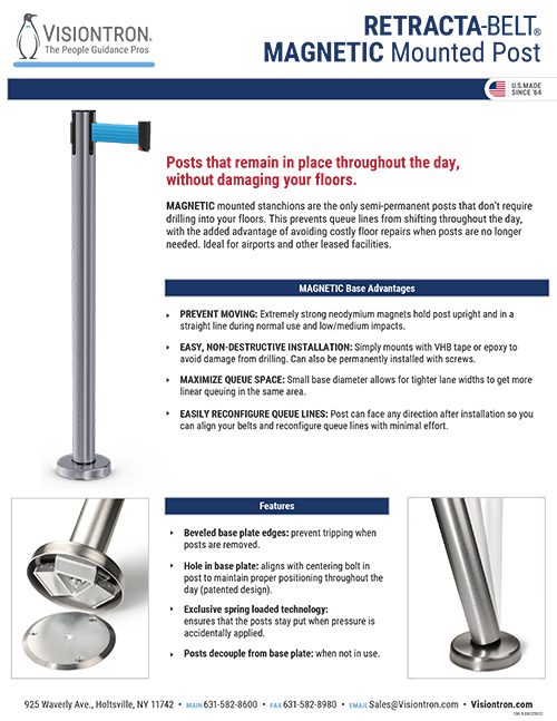 Introducing the Retracta-Belt Magnetic Mounted Post by Visiontron, designed to prevent floor damage while ensuring efficient queue management. With easy installation and a sleek blue belt, this must-have item is highlighted in the Visiontron brochure. Includes contact details and product image.