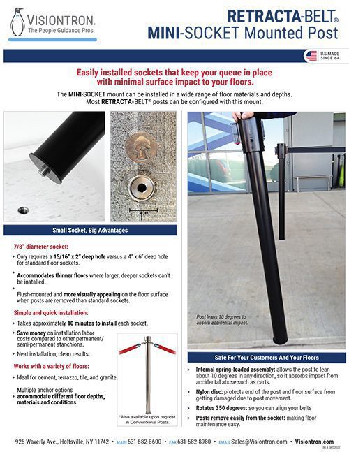Discover Visiontrons RETRACTA-BELT Mini-Socket Mounted Post—designed for minimal floor impact and seamless queue management. Featuring quick socket mounting, interchangeable posts, and a secure 7/8 diameter socket, these retractable belt stanchions redefine efficiency. Contact us for more details.