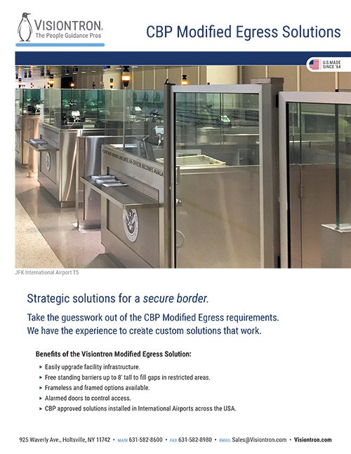 Advertisement for CBP Modified Egress Solutions by Visiontron. Features a photo of airport security gates at JFK International Airport. Text highlights strategic egress solutions and their benefits, including adjustable gates, standard compliance, and details available on the Visiontron brochure page.