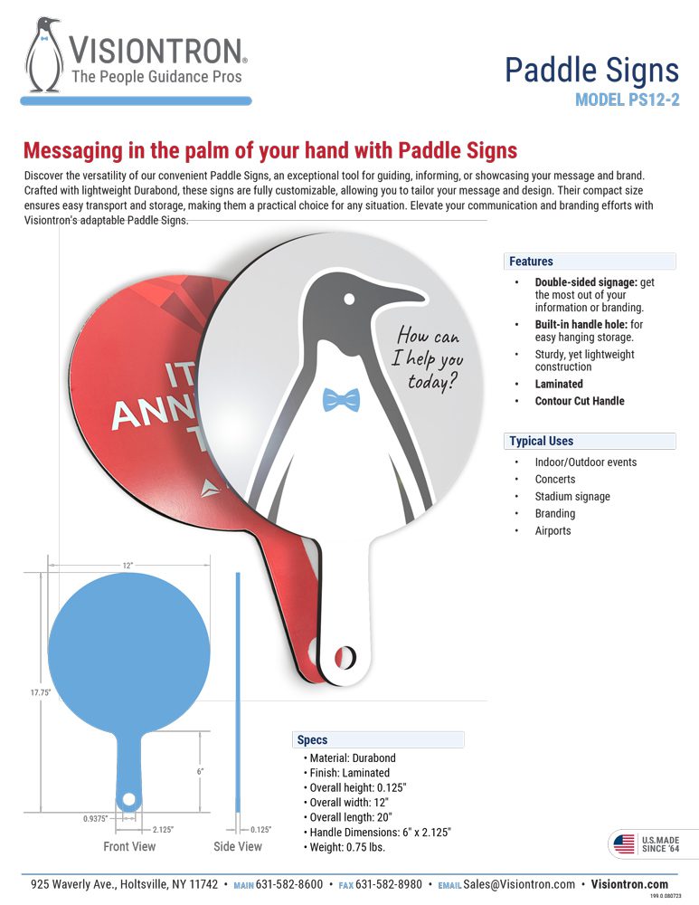 Discover Visiontron paddle signs with a tuxedo design and the phrase, How can I help you today? Explore our Visiontron brochure page for features, materials, sizes, and typical uses. Perfect alongside our retractable belt stanchions. Contact us for more details!.