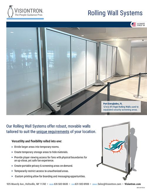 Rolling wall systems are showcased in indoor spaces, offering versatility for creating temporary rooms, and ensuring privacy for meetings or customer areas. The Visiontron brochure page highlights a contact section with an address, phone, and email to explore their crowd control solutions further.