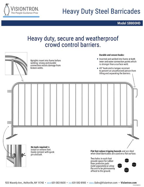 Diagram of a heavy-duty steel barricade by Visiontron Products, highlighting features like interlocking uprights, offset hooks for easy use, and flat feet that resist tripping hazards. Includes company contact info for more Crowd Control Solutions.