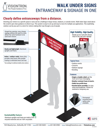 Illustration of a signage product by Vispronet, featuring a tall sign with a customizable message area and showing a person walking underneath. Highlights include portability, lightweight aluminum poles, and easy assembly. Perfect for crowd control solutions or other typical uses.