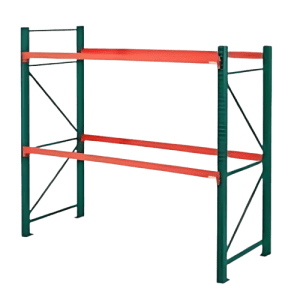An empty metal storage rack with a green frame and red-orange shelves, supported by robust cross-bracing, is ideal for organizing items in garages, warehouses, or storage spaces. This versatile unit brings to mind the efficiency showcased in numerous pallet rack images.