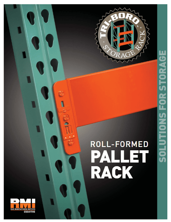 Close-up of a green and orange roll-formed pallet rack from Tri-Boro Storage Rack. The green frame has holes for adjustable shelving, and the orange beam connects horizontally. Text reads ROLL-FORMED PALLET RACK and SOLUTIONS FOR STORAGE. Discover more in our Tri Boro Shelving Brochures.