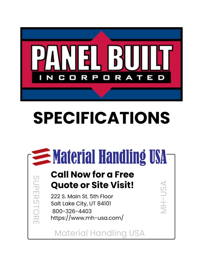 Promotional flyer showcasing the Panel Built Incorporated logo at the top. Contact details for Material Handling USA follow, offering free quotes or site visits in Salt Lake City, UT. Specializing in modular in-plant offices, call us now for your design and material needs.