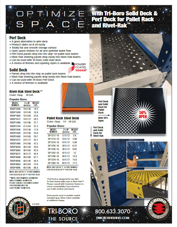 Discover our Tri-Boro shelving solutions! This flyer showcases the ingenious design of Perf Deck, Solid Deck, Rivet-Rak Steel Deck, and Pallet Rack Deck. With images and specifications provided, find your ideal storage or workspace solution today. Contact us for more on these robust systems.