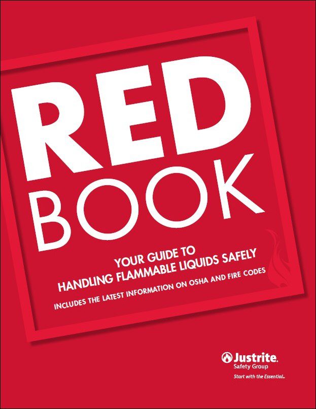 Red book cover titled RED BOOK: Your Guide to Handling Flammable Liquids Safely, packed with insights on OSHA and fire codes. Published by Justrite Safety Group, it also touches on hazardous material containment for comprehensive industrial safety solutions.